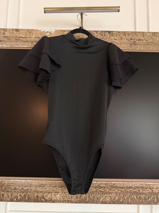 None Tops - Black Ruffle Sleeve Bodysuit - Women's Elegant Top